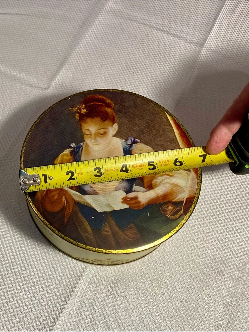 Vintage Decorative Round Trinket Tin/Painted Woman Motif/Gold Trim sewing items